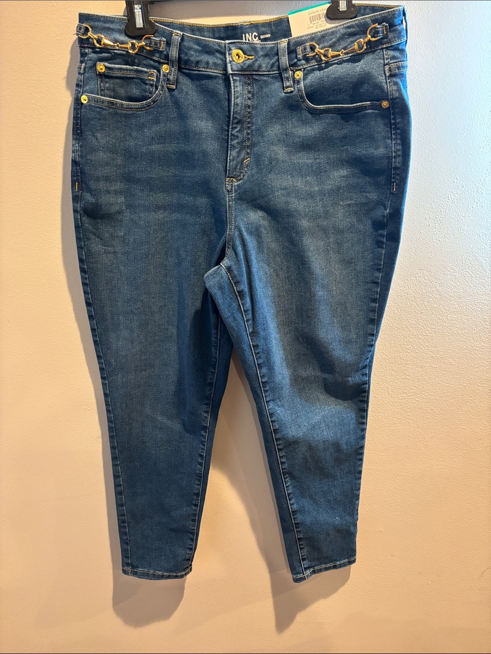 INC International Concepts Dark Blue Ankle Jeans with Gold Chain Waist